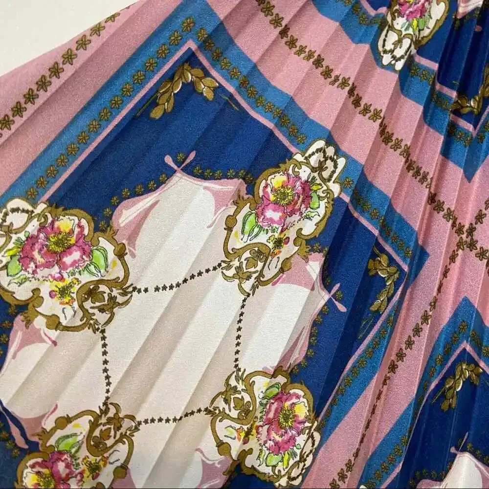 Preppy Pleated Skirt Scarf Print Lined Mini Skirt sz XS Pink Blue Retro Vibes